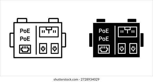 Title: Two PoE injectors with ports and indicators in black and white line style