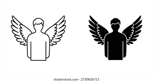 Title: Two silhouettes of people with wings representing angels in black and white line