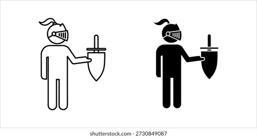 Title: Two stylized knights in helmets holding shields facing each other