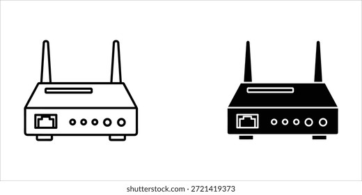 Título: Dos routers inalámbricos con antenas y puertos representados en línea en blanco y negro sobre una