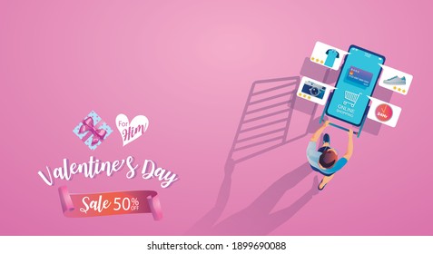 Title: Valentine's day Online Shopping Concept, Website or Mobile phone Application, Marketing, and Digital marketing. promotion smartphone, fast delivery. Vector flat Design 24-hour shopping