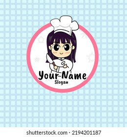 Title: vector cute girl chef cartoon in cooking suit with knife illustration logo