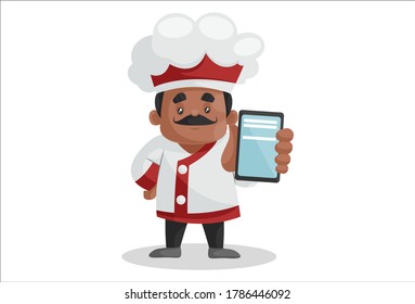Título	
Imagen vectorial de un chef indio que muestra un móvil. Individualmente sobre fondo blanco.	
