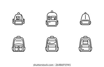 Título: ícone vetor conjunto de mochilas bonitas e sacos de bolsa. ícone preto e branco vetor PNG outline.