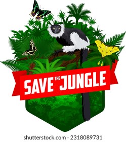 Title: vector jungle rainforest emblem with Madagascar black-and-white ruffed lemur, Madagascan sunset moth and African moon moth