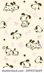 Title:
Vector seamless pattern with cute dogs, bones and paws on light blue. Cute dog breeds in different poses isolated on light blue background. Dog pattern, pet print perfect for kids textile.