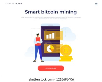 Title for website. Banner for investing in bitcoins and blockchain. Concept of tracking growth of crypto currency. Cartoon man looks at growth charts of bitcoins. Vector flat illustration.