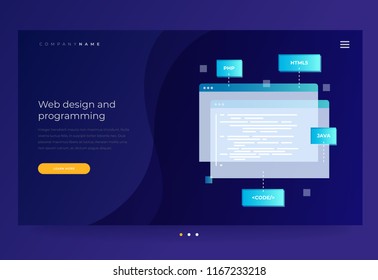 Title for the website. Concept of programming and software. Open web pages with coding and programming languages on blue background. Vector flat illustration for web page, banner, presentation.