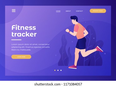 Title for the website. Homepage. A young man is running in sportswear. Concept of sport and a healthy lifestyle. Fitness and coaching. Vector flat image.