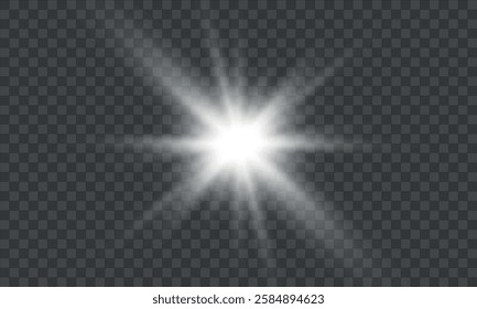 Title: White glowing light explodes on a transparent background. with ray. Transparent shining sun, bright flash.

