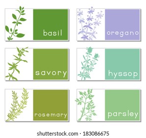 Titled stickers with herbs. Set of six banners with aromatic plants. Each printable label is titled. Vector file is EPS8.