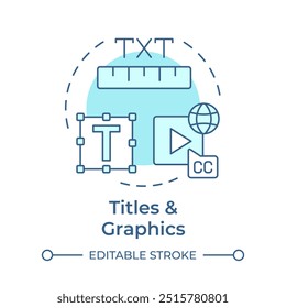 Títulos y gráficos icono de concepto multicolor. Video Subtítulos de películas, subtítulos. Cine, narración. Ilustración de línea de forma redonda. Abstractas idea. Diseño gráfico. Fácil de usar en infografía