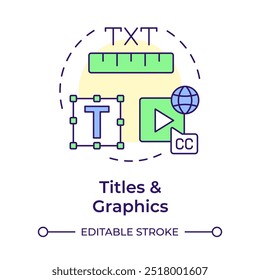 Títulos y gráficos icono de concepto multicolor. Video Subtítulos de películas, subtítulos. Cine, narración. Ilustración de línea de forma redonda. Abstractas idea. Diseño gráfico. Fácil de usar en infografía