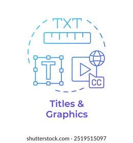 Títulos y gráficos icono de concepto multicolor. Video Subtítulos de películas, subtítulos. Cine, narración. Ilustración de línea de forma redonda. Abstractas idea. Diseño gráfico. Fácil de usar en infografía