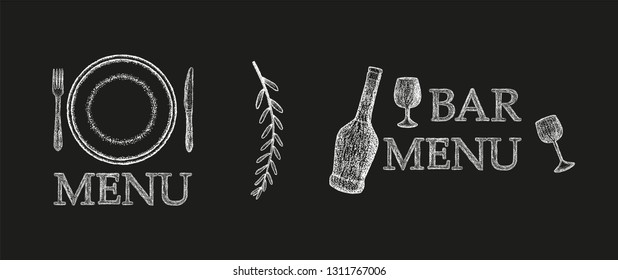 Titles for menu sections. Style of inscription of menu and bar menu. Labels for the menu. Cutlery, plate, glass, bottle.