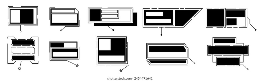 Сconjunto de títulos de rótulos.rótulos digitales .Interfaz futurista. Llamadas títulos colección de Anuncio. Anuncio de títulos de rótulos. Plantilla de rótulos futuristas, cuadros de marco de texto de línea digital y conjunto de rótulos de rótulos