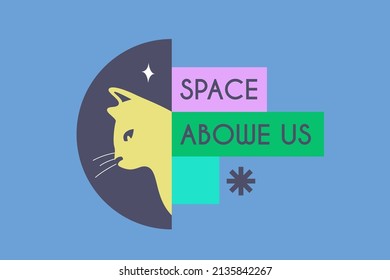 Titles, web banner, or spot illustration template with with cat looking down, place for text. Cartoon hand-drawn textured cup of tea and quote vector typography composition.