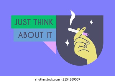 Titles, web banner, or spot illustration template with hand and smoking cigarette, place for text. Cartoon hand-drawn flat design and quote. Vector typography composition.