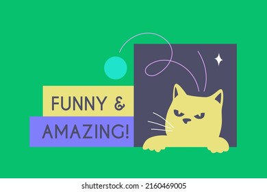 Titles, web banner, or spot illustration template with grumpy cat, place for text. Cartoon hand-drawn design and quote vector typography composition.