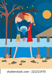 Title:Young couple in lake Description: A young couple free a goldfish in a lake during night.