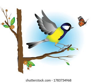 A titmouse bird blast off from a branch of a blossoming tree to catch a flying monarch butterfly. Vector drawing for design.