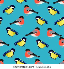 Titmouse Bird and Bullfinch Print design with drawn birds for textiles.