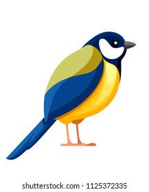 Titmouse bird. Flat cartoon character design. Colorful bird icon. Cute yellow and blue tit. Vector illustration isolated on white background.