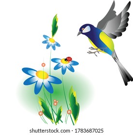 A titmouse bird in flight over a blue daisy, on the petal of which a small ladybug sits.