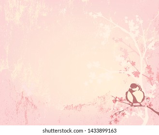 titmouse bird sitting on blooming sakura tree branch - spring season nature shabby textured pastel shaded vector background