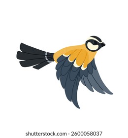 Titmouse bird vector art. Blue and yellow flying bird isolated on white background. Flat hand drawn simple illustration for design, print, sticker, web