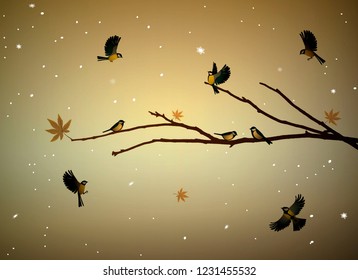 titmouse birds on the tree branch in autumn season, family of birds in snowy cold whether, vector
