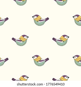 Titmouse birds vector seamless pattern. Simple and nice birds on white background. Great for textile, bed linen, wrapping paper, wall paper for girl room