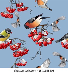 Titmouse, bullfinches and mountain ash. Vector illustration on a blue background.
Seamless winter pattern. Can be used for wallpaper, pattern fills, web page background, surface textures.
