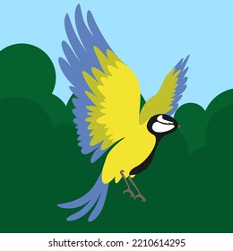 titmouse in flight with spread wings