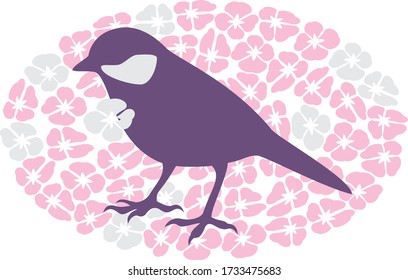 Titmouse and flowers. Vector. Clip art