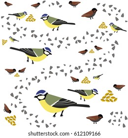 Titmouse pattern seed and wheat bird on the white background