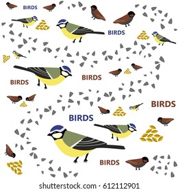 Titmouse Pattern Seed And Wheat Bird On The White Background Text