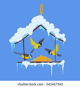 Titmouse pecking grain in winter snow-covered bird feeder. Flying tits on a blue background. Vector illustration