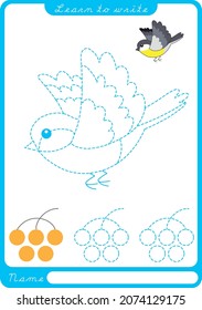 Titmouse. Preschool worksheet for practicing fine motor skills - tracing dashed lines. Tracing Worksheet.  Illustration and vector outline - A4 paper ready to print