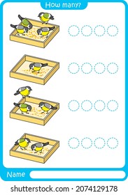Titmouse. Preschool worksheet for practicing fine motor skills - tracing dashed lines. Tracing Worksheet.  Illustration and vector outline - A4 paper ready to print