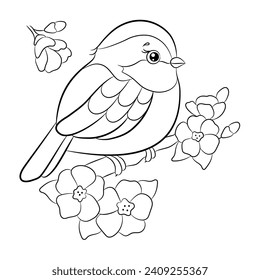 A titmouse sits on a branch. Cute coloring book for children.