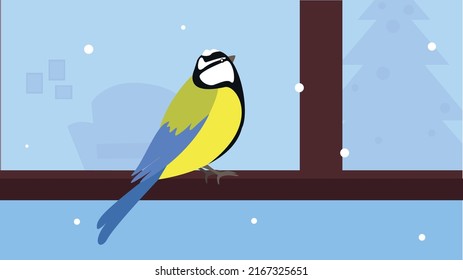 Titmouse sits on a perch in winter