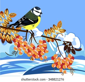 titmouse sitting on a branch of rowan
