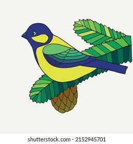 Titmouse sitting on a pine branch with a cone. Vector hand-drawn image for children's books, posters, postcards, stickers, prints