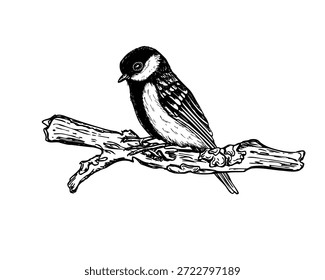 Titmouse sentado no galho da árvore coberto na ilustração isolada do musgo ou do vetor de líquen. Passarinho desenhado à mão no inverno ou na estação do outono. Desenho gráfico de galho e peitoril quebrado seco.