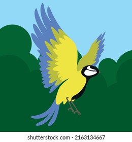 Titmouse spread its wings in flight