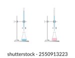 Titration procedure. Titrant in a burette and analyte in a conical flask. End point, indicator color change. Scientific experiment in the laboratory. Scientific vector illustration.