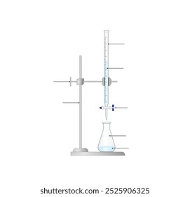 Titrationsverfahren. Titrant in einer Bürette und Analyt in einem Erlenmeyerkolben, wissenschaftliches Experiment im Labor. Wissenschaftliche Vektorgrafik.