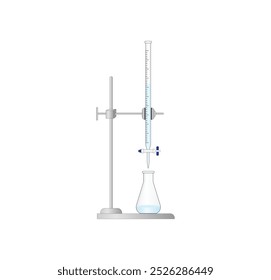 Titrationsverfahren. Titrant in einer Bürette und Analyt in einem Erlenmeyerkolben, wissenschaftliches Experiment im Labor. Wissenschaftliche Vektorgrafik.