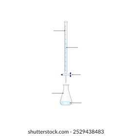 Titrationsverfahren. Titrant in einer Bürette und Analyt in einem Erlenmeyerkolben, wissenschaftliches Experiment im Labor. Wissenschaftliche Vektorgrafik.